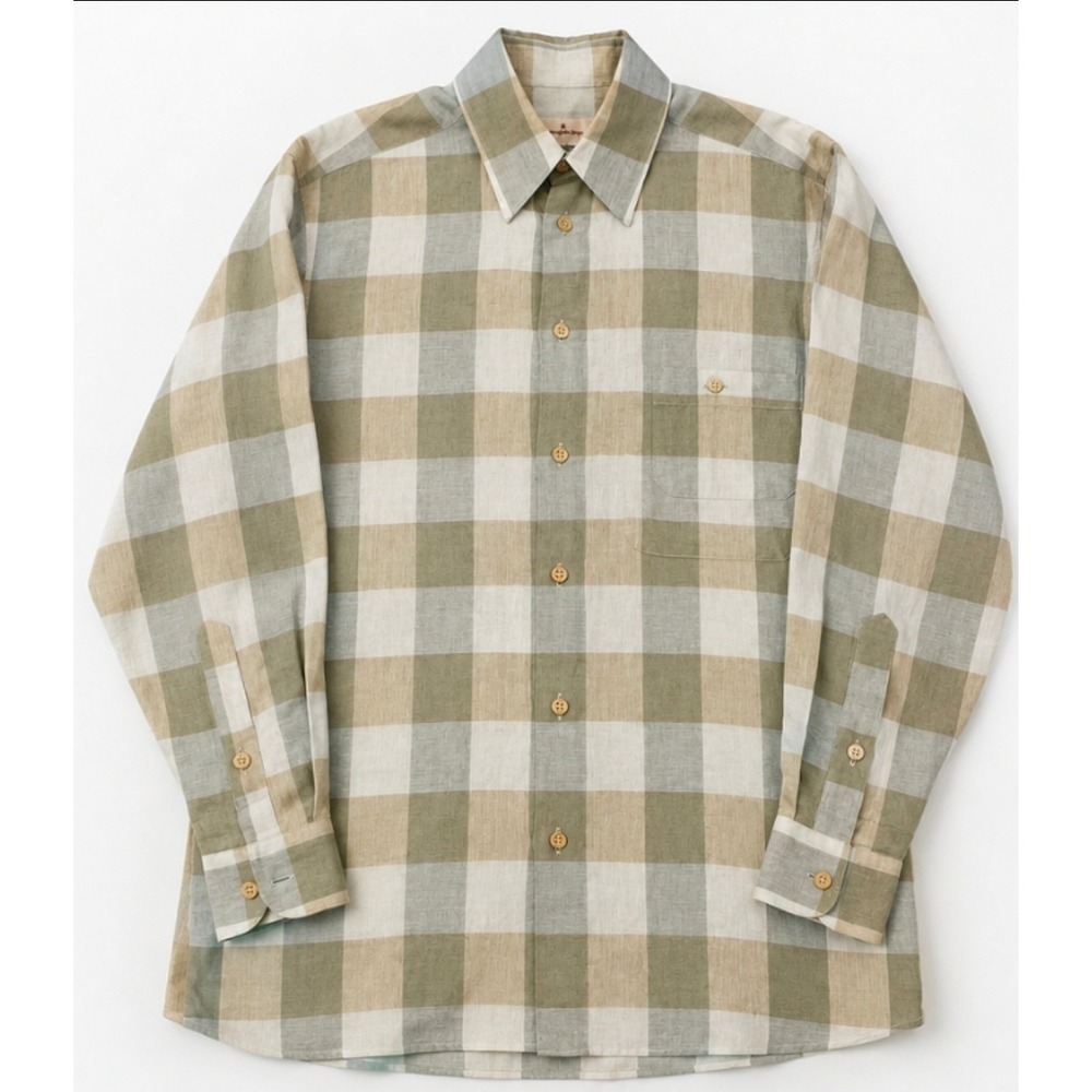 Ermenegildo Zegna Mens 100% Linen Check Button Down Shirt Green Tan Size M - Picture 1 of 8